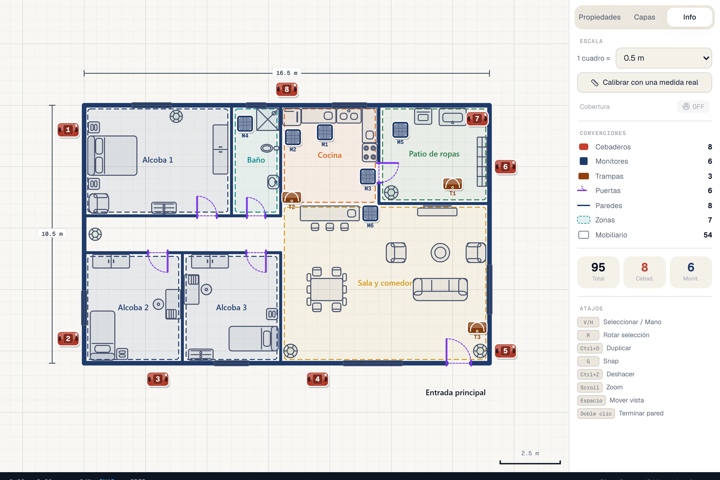 Editor de planos en 2D: una casa de tres alcobas, baño, cocina, patio de ropas y sala-comedor, con cebaderos por fuera del perímetro, monitores y trampas numerados, y el conteo de cada tipo
