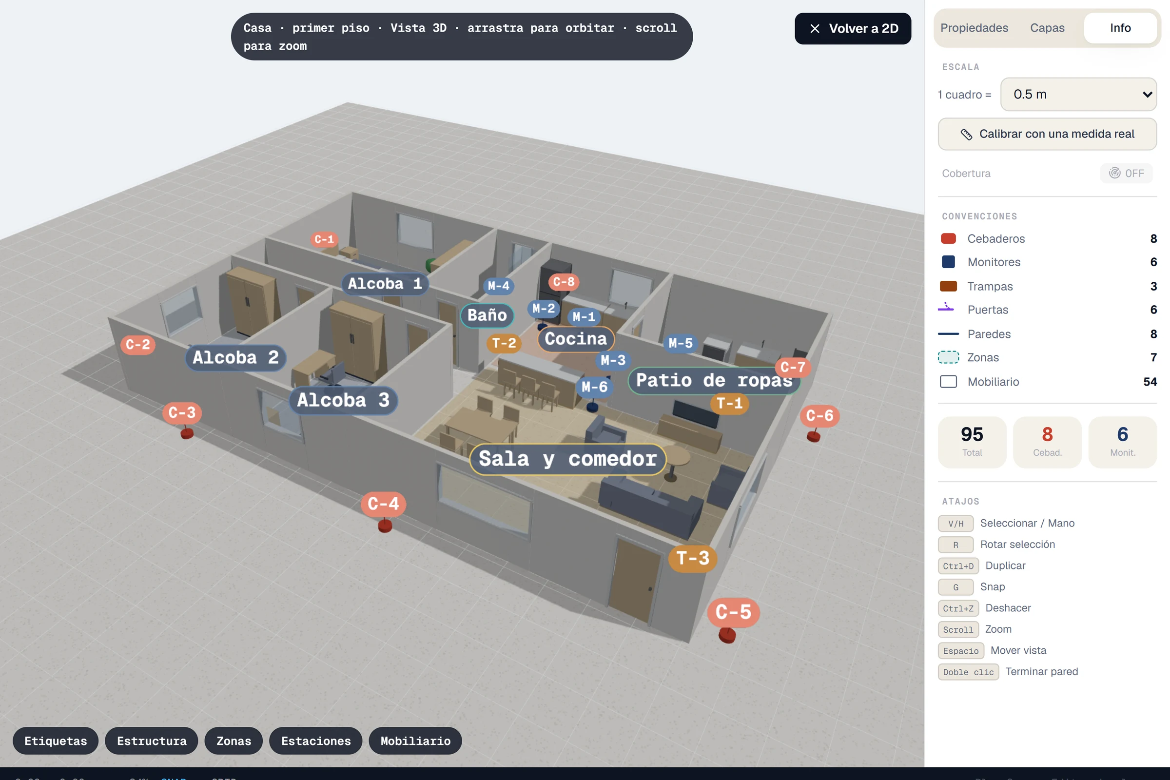 La misma casa en vista 3D, con paredes, puertas, ventanas, mobiliario y las estaciones etiquetadas