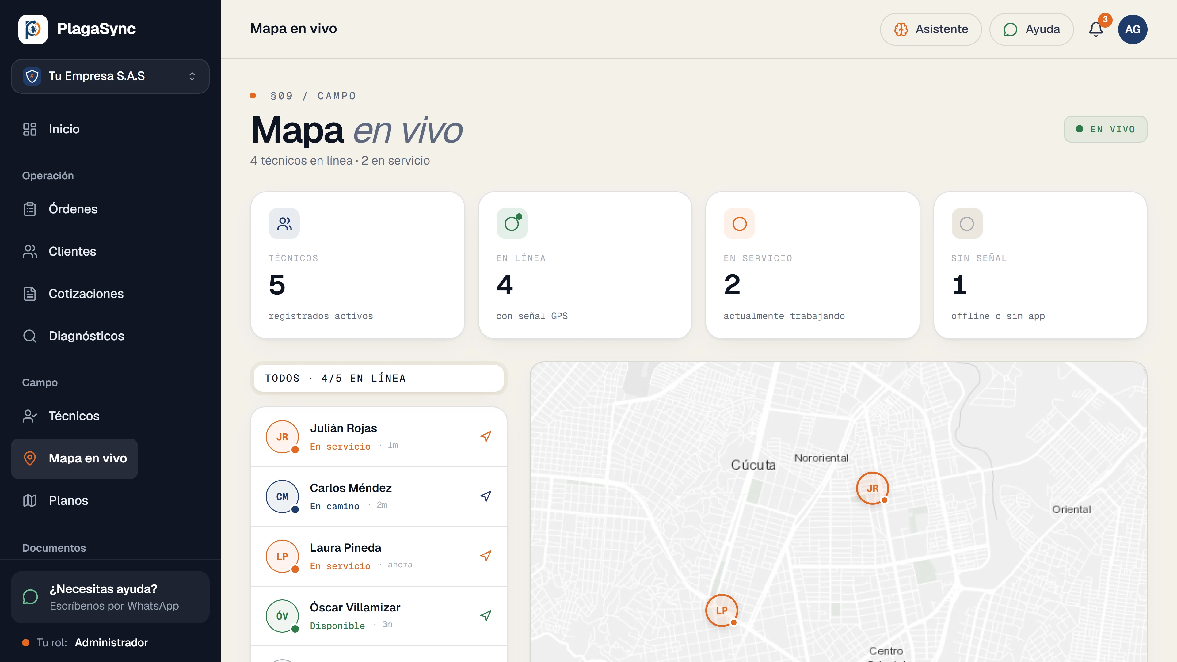 Mapa en vivo: técnicos en servicio, en camino y disponibles sobre el mapa de la ciudad