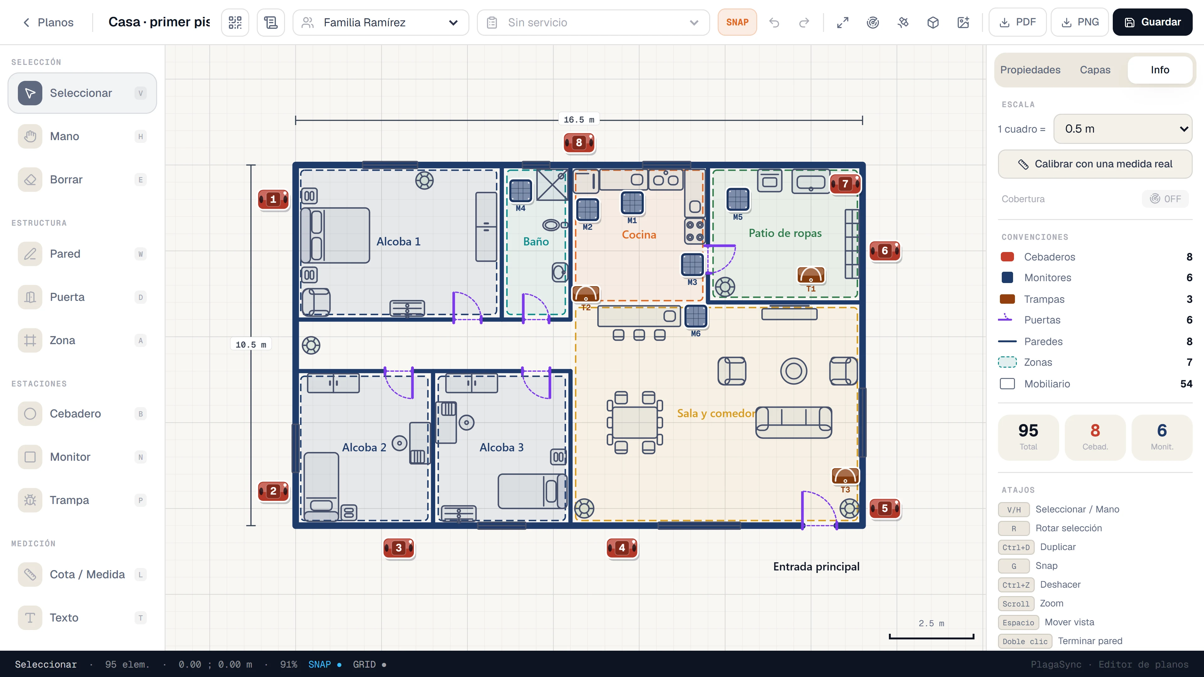 Editor de planos: cocina, bodega, baños y salón con cebaderos, monitores y trampas numerados